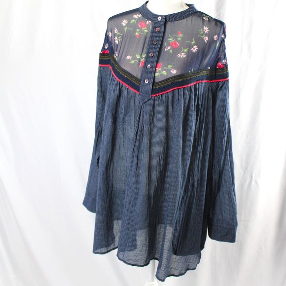 Free People Tops - Free People Boho Mixed Media Long Sleeve Blue & White Striped Blouse, Size Large